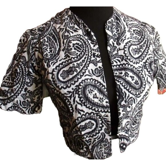1OF1 Small 1960's Vintage Black & White Paisley Short Sleeve Cropped Jacket - Picture 1 of 3